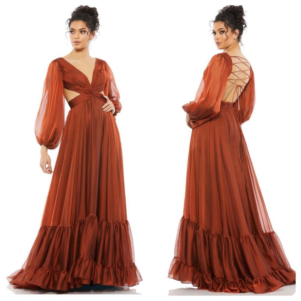 Mac Duggal Pleated Cut Out Long Sleeve Lace Up Tiered Gown Size 6 NWOT